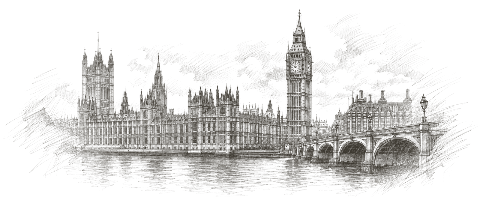 Σκίτσο του Λονδίνου με το Big Ben και το Westminster — γραφίτης